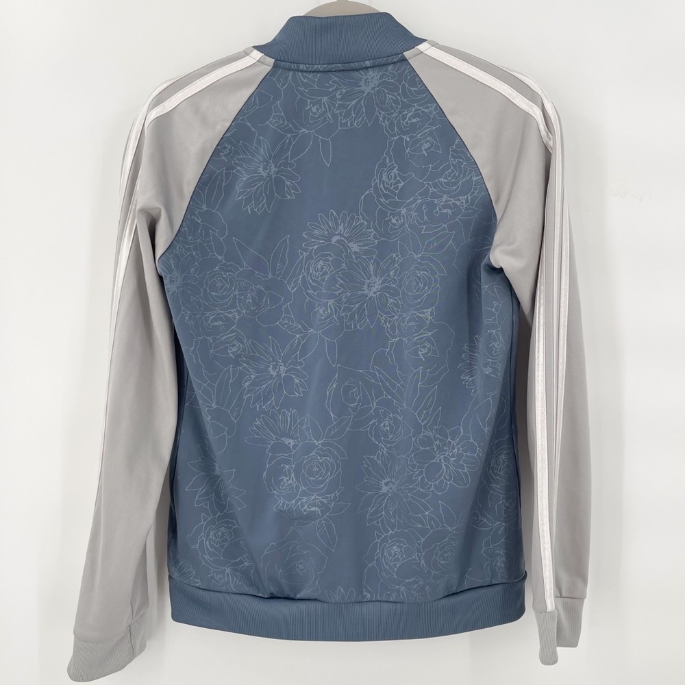 Adidas Zip Up Jacket Blue Floral Gray Sleeves with White Stripes Womens Small - Picture 2 of 15